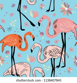 Abstract hand painted seamless animal background. Isolated birds Flamingo tropical pattern with flowers. Vector illustration.