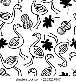 Abstract hand painted seamless animal background. Birds Flamingo pattern with flowers. Vector illustration.
