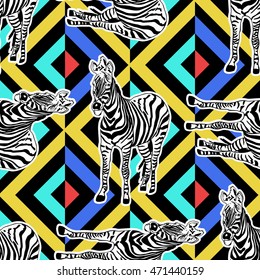 Abstract hand painted seamless animal background. Zebra pattern on geometric. Vector.