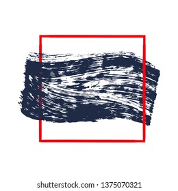 Abstract hand painted textured ink brush background with geometric frame, isolated strokes with dry rough edges. Modern Textured shape. Brush stroke ink texture on white background for presentations