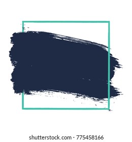 Abstract hand painted textured ink brush background with geometric frame, isolated strokes with dry rough edges. Brush stroke ink texture on white background for presentations.