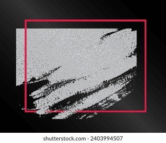 Abstract hand painted textured silver brush background with geometric red frame.  Silver glitter dust brush stroke  on black background for presentations, flyers, web site design, logo, app, UI