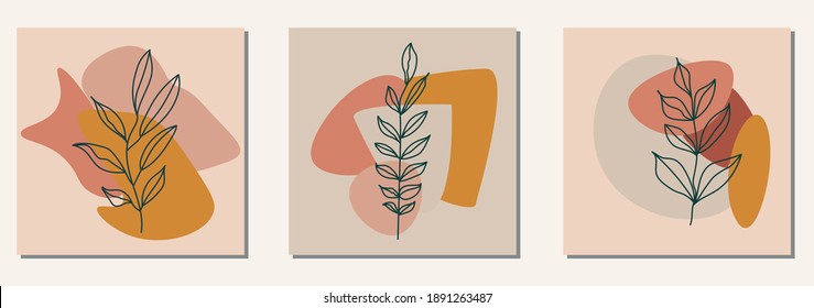 Abstract hand painted Trendy set. Botanical branch and leaves. Creative minimalist artistic composition. Cover design vector for wall decoration, postcard, brochure design, art gallery, interior.