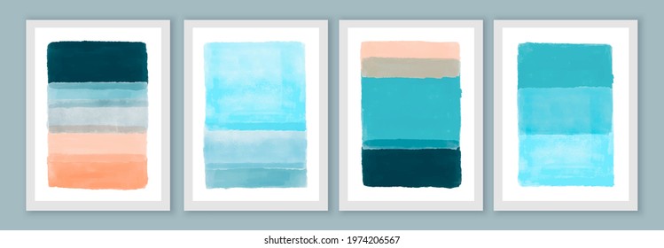 Abstract hand painted wall art posters, brochure, cover backgrounds. Blue and peach colors. Summer mood, seashore stylization. 