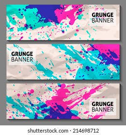 abstract hand painted watercolor ink grunge vector banner set for your business presentation. grunge background on crumpled paper. 