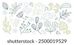 Abstract hand painting floral art set with naive doodle flower stems, leaves branch botanical icon. Meadow field wildflowers drawing style vector illustration. Springtime garden decor collection