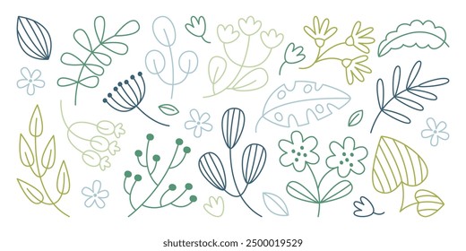 Abstract hand painting floral art set with naive doodle flower stems, leaves branch botanical icon. Meadow field wildflowers drawing style vector illustration. Springtime garden decor collection