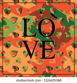 Abstract Hand Painting Watercolor Love Text with Hearts and Camouflage Tie Dye Gradient Background