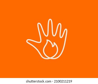 Abstract hand palm with fire icon logo design template. Creative line art danger, burning, energy vector sign symbol mark logotype.