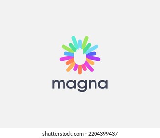 Abstract hand palm logo with colorful lines rays around. Universal gesture icon logo. Flat no stop sign. Vector illustration.