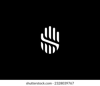 Abstract hand palm logo design template. Minimalistic gesture no stop sign symbol. Black and white symbol. Vector illustration.