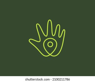 Abstract hand palm and pin icon logo design template. Creative line art destination, gps, navigation vector sign symbol mark logotype.