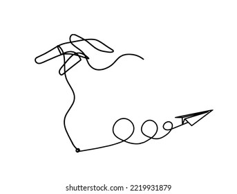 Abstract hand with paper plane as line drawing on white background.Vector