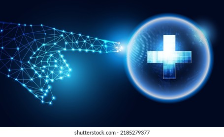 Abstract Hand Pointing World Health Healthcare Plus Symbol Concept Health Digital Background Blue Cure Medicine Modern Medicine