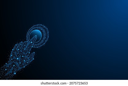 Abstrakte Hand, die einen Knopf drückt. Konzept des Wandels oder der strategischen Vision. Digitales Low-Poly-Wireframe-Design mit Verbindungspunkten. Vektorgrafik
