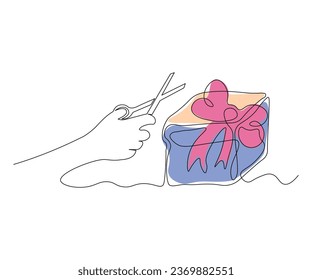 mano abstracta con tijeras y un regalo, preparaciones navideñas. Arte continuo de una línea