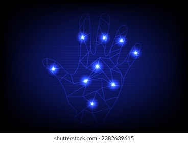 Abstract hand shape with glowing and lines on dark blue background. Vector Illustration. Technology concept.
