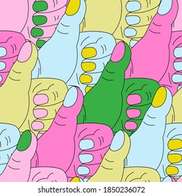 Abstract hand showing thumb up background in minimalistic pop art style. Like pose sign, symbol seamless pattern. Gesture with finger up for poster, template, pin up, psychedelic design.