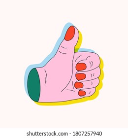 Abstract hand showing thumb up in minimalistic pop art style. Like pose sign, symbol. Gesture with finger up for poster, template, pin up, psychedelic design.