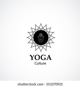 abstract hand symbol vector illustration of yoga and meditation logo emblem. health care and relaxation concept