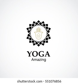 abstract hand symbol vector illustration of yoga and meditation logo emblem. health care and relaxation concept