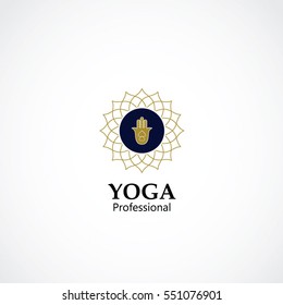 abstract hand symbol vector illustration of yoga and meditation logo emblem. health care and relaxation concept