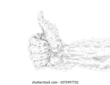 Abstract hand Thumb up the high tower polygonal, geometry triangle. Light connection structure. Low poly vector background. Business concept