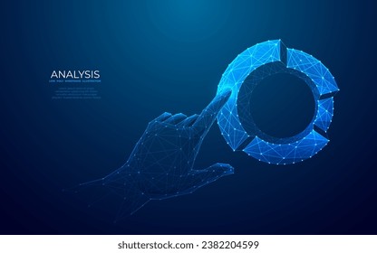 Abstract hand touching on pie chart in technology blue colors on dark blue background. Business analysis concept. Low poly wireframe vector illustration in futuristic hologram style.