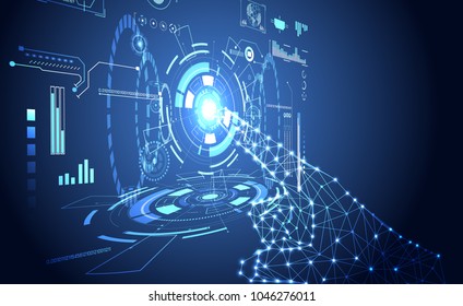 Abstract hand wireframe digital technology concept The finger is pointed in a circle circuit Sci fi blue light on hi tech future cyan white background. for template, web design or presentation.