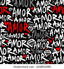 Abstrakte Hand, die Amor Text Hearts Dollar Zeichen Diamantformen und Sterne Nahtlose Vektormuster einzeln auf Hintergrund