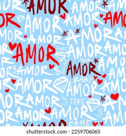 Abstract Hand Writing Amor Text Hearts Dollar Signs Diamond Shapes and Stars Seamless Vector Pattern Isolated Background