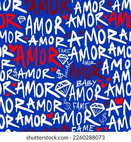 Abstract Hand Writing Amor Text Hearts Dollar Signs Diamond Shapes and Stars Seamless Vector Pattern Isolated Background