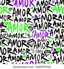 Abstract Hand Writing Amor Text Hearts Dollar Signs Diamond Shapes and Stars Seamless Vector Pattern Isolated Background