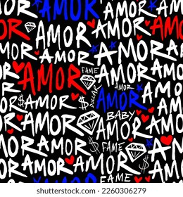 Abstract Hand Writing Amor Text Hearts Dollar Signs Diamond Shapes and Stars Seamless Vector Pattern Isolated Background