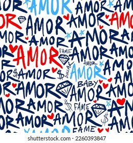Abstract Hand Writing Amor Text Hearts Dollar Signs Diamond Shapes and Stars Seamless Vector Pattern Isolated Background