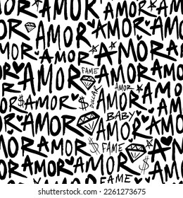 Abstract Hand Writing Lettering Text Hearts Dollar Signs Diamond Shapes and Stars Seamless Vector Pattern Isolated Background