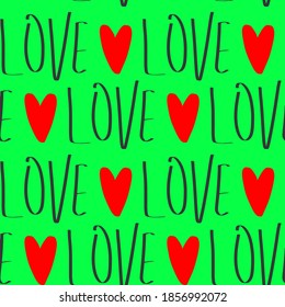 Abstract Hand Writing Love Text with Hearts Seamless Vector Pattern Isolated Background 