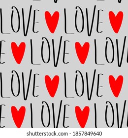 Abstract Hand Writing Love Text with Hearts Seamless Vector Pattern Isolated Background 