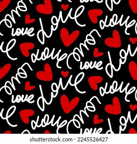 Abstract Hand Writing Love Text and Hearts Seamless Vector Pattern Isolated Background