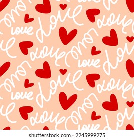 Abstract Hand Writing Love Text and Hearts Seamless Vector Pattern Isolated Background