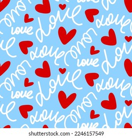 Abstract Hand Writing Love Text and Hearts Seamless Vector Pattern Isolated Background