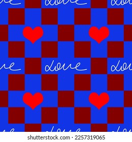 Abstract Hand Writing Love Text and Hearts Seamless Vector Pattern Isolated Checkered Background