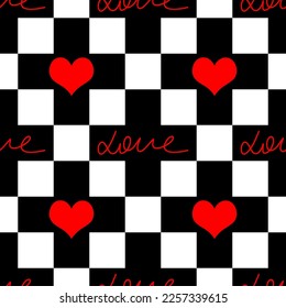 Abstract Hand Writing Love Text and Hearts Seamless Vector Pattern Isolated Checkered Background