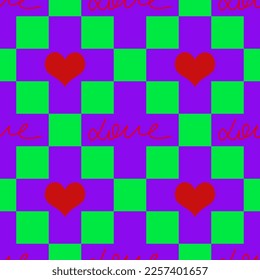 Abstract Hand Writing Love Text and Hearts Seamless Vector Pattern Isolated Checkered Background
