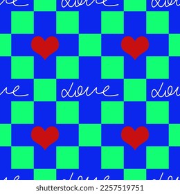 Abstract Hand Writing Love Text and Hearts Seamless Vector Pattern Isolated Checkered Background