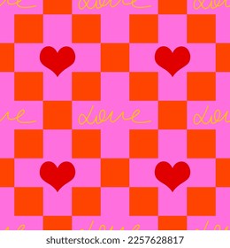 Abstract Hand Writing Love Text and Hearts Seamless Vector Pattern Isolated Checkered Background