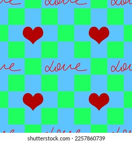 Abstract Hand Writing Love Text and Hearts Seamless Vector Pattern Isolated Checkered Background