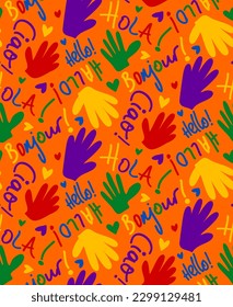 Abstract Hand Writing Mix Greeting Words Hands and Hearts Seamless Vector Pattern Isolated Background