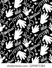 Abstract Hand Writing Mix Greeting Words Hands and Hearts Seamless Vector Pattern Isolated Background