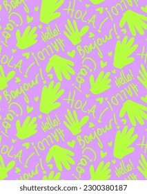 Abstract Hand Writing Mix Greeting Words Hands and Hearts Seamless Vector Pattern Isolated Background